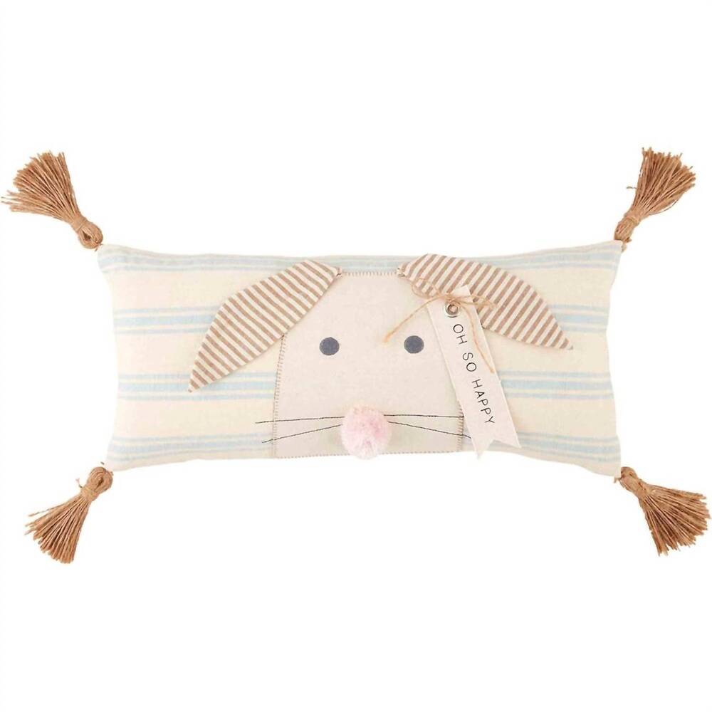 NEW MUDPIE oh so happy bunny striped pillow in beige